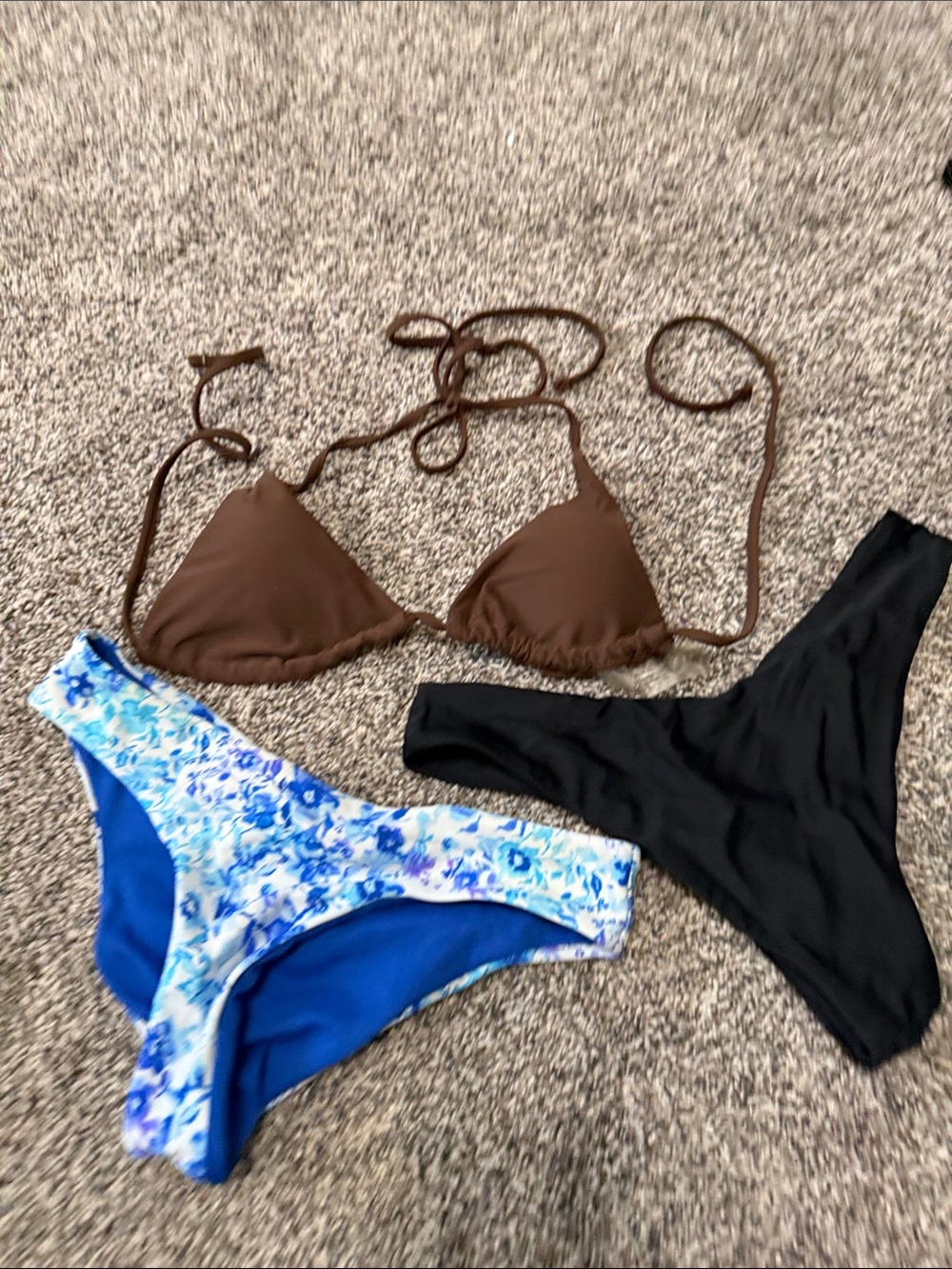 Brown Triangle Bikini Top with Black and Blue Floral Mix-and-Match Bottoms